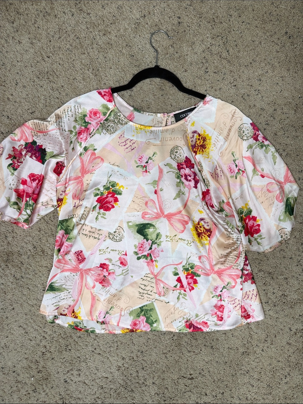 NWOT Cocomo Pink Floral Bow-Print Puff Sleeve Top M